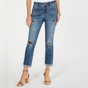 INC International Concepts Distressed Boyfriend Jean with leopard print size 12